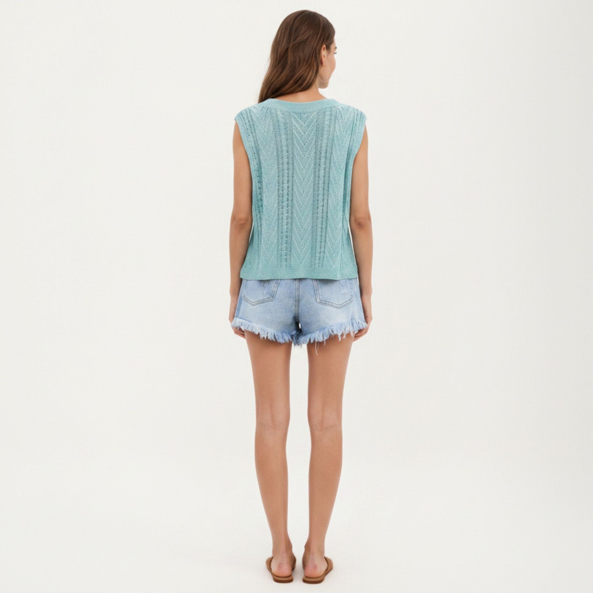 Anna-Kaci Women's Sleeveless Cable Knit Top with Crew Neck and Ribbed Hem