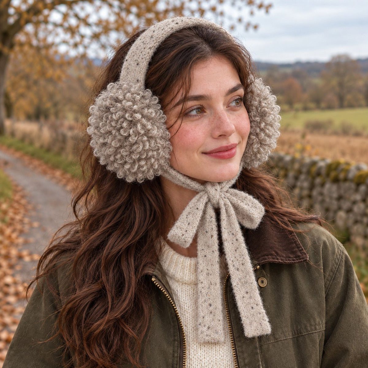 Curly Plush Winter Earmuffs with Speckled Knit Ties