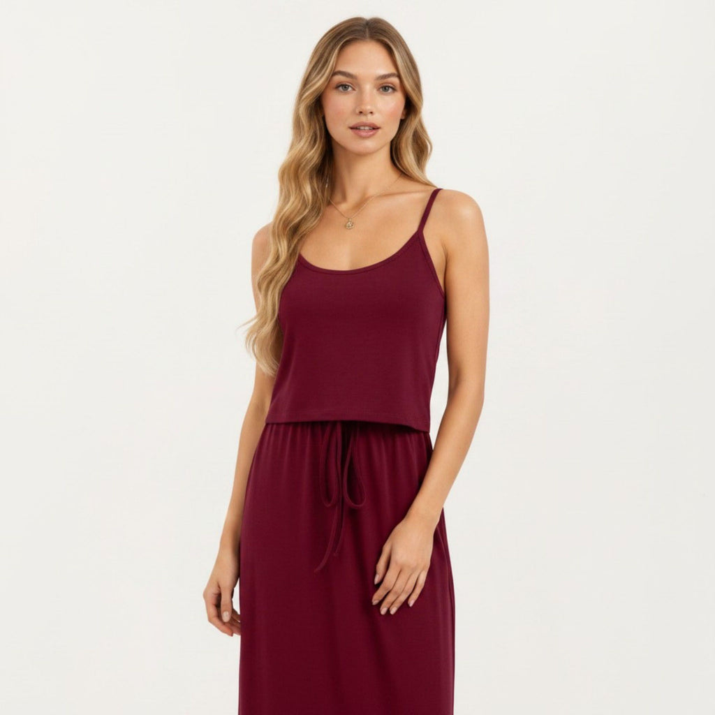 Anna-Kaci Women's Sleeveless Midi Dress with Spaghetti Straps and Adjustable Drawstring Waist Relaxed Fit Silhouette