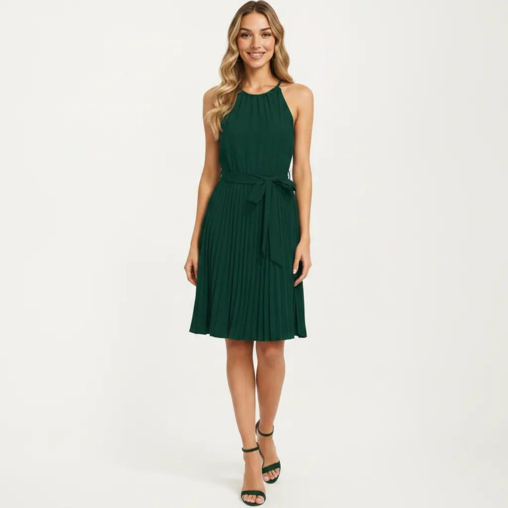 Anna-Kaci Women's Sleeveless Halter Midi Dress with Pleated Skirt and Waist Tie