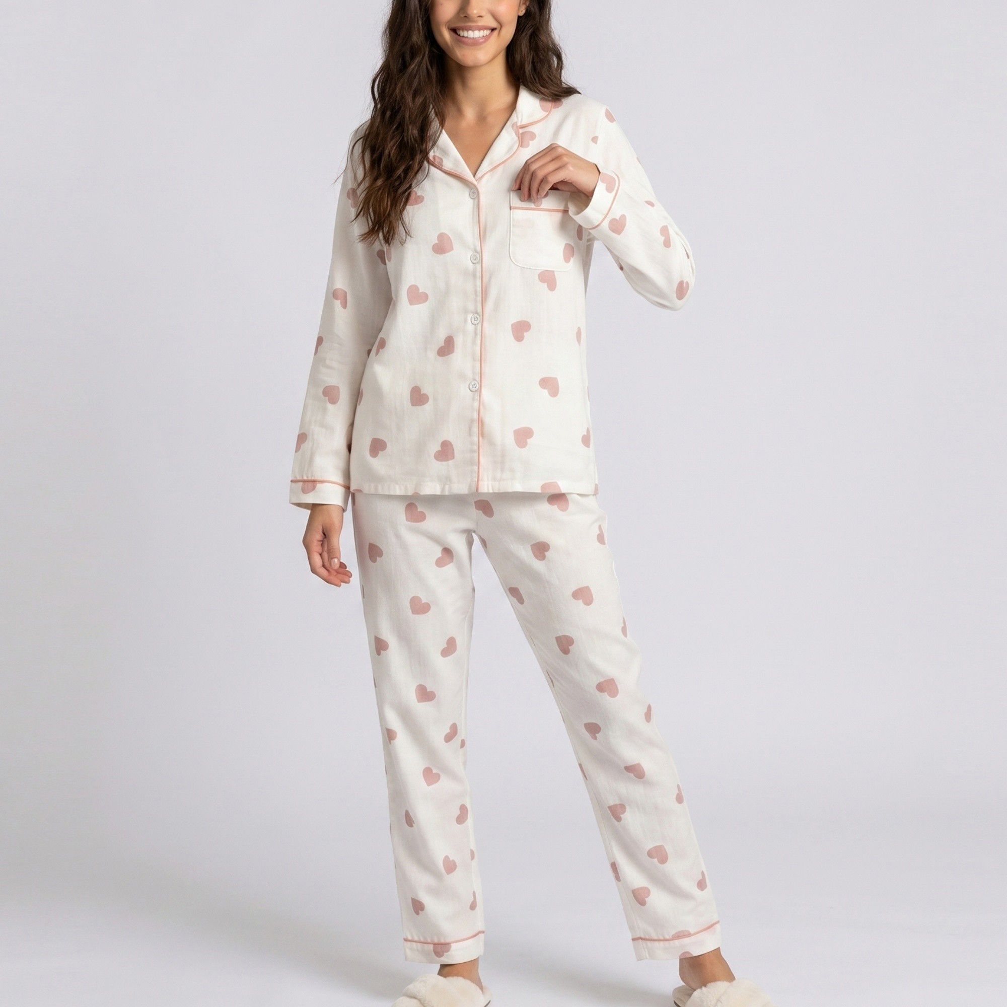 Anna-Kaci Lounge Women's 2-Piece Set Heart Print Button Front Pajama Top and Straight Leg Lounge Pants