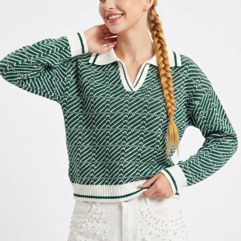 Geometric Knit Polo Collar Long Sleeve Sweater
