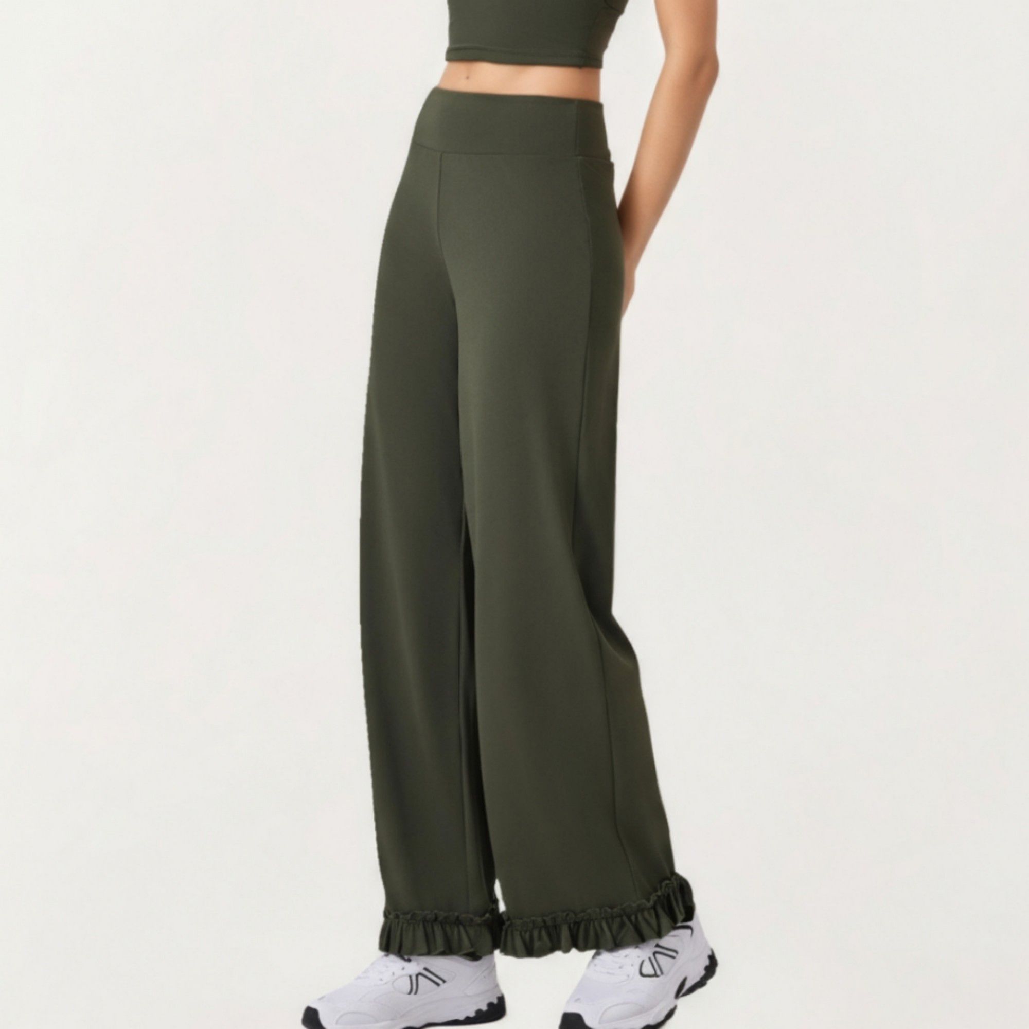 Anna-Kaci Active Women's High Waist Wide Leg Sweatpants with Ruffle Hem Detail