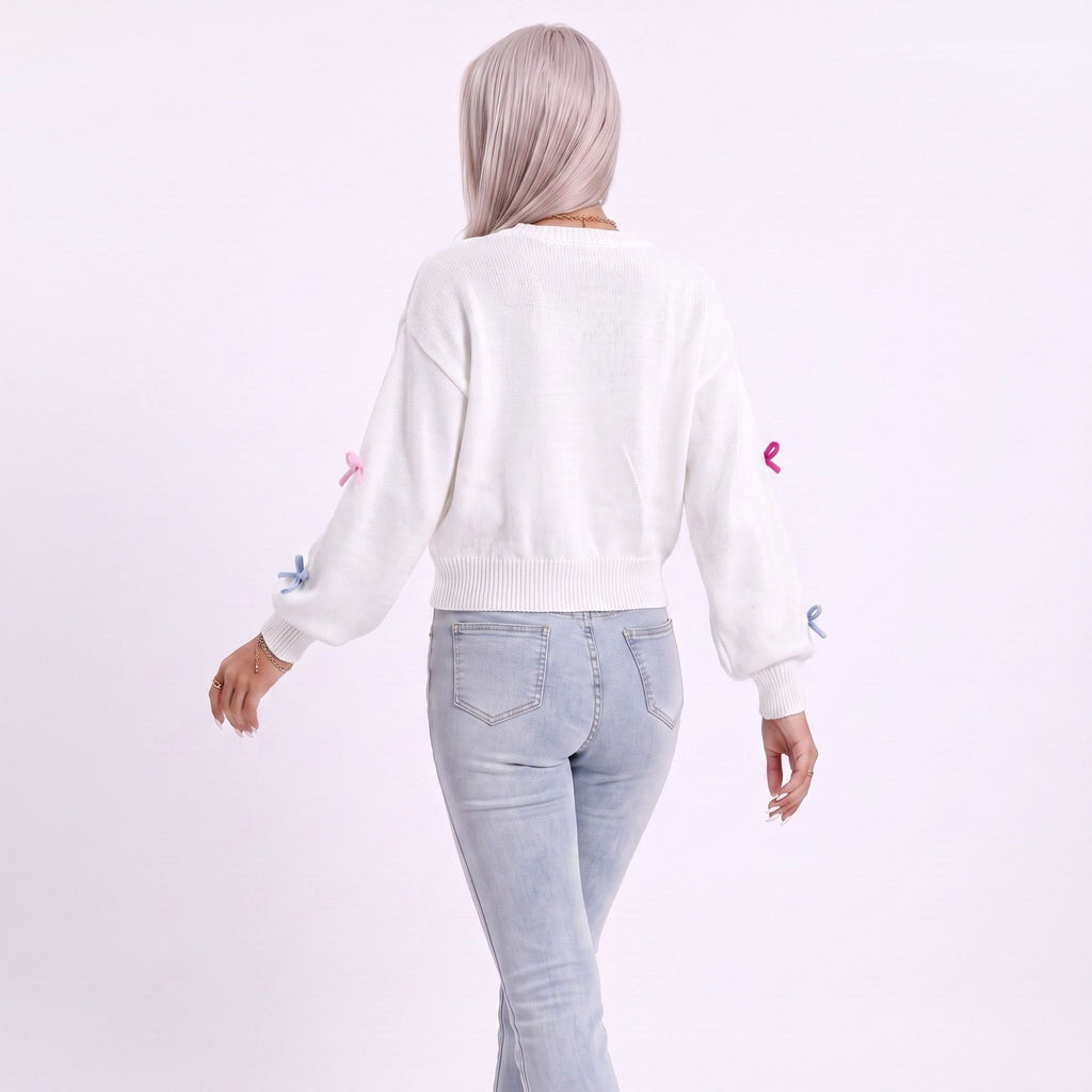 Colorful Bow Crew Neck Long Sleeve Knit Sweater