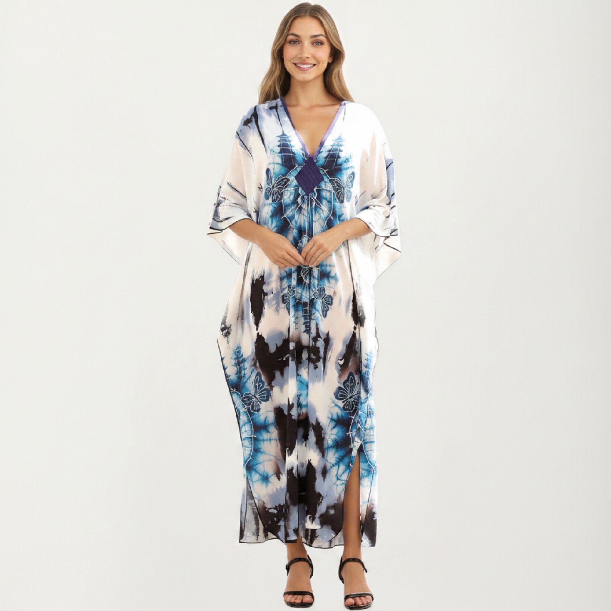 Anna-Kaci Women's Tie Dye Medallion Kaftan Maxi Dress with V-Neckline and Relaxed Flowy Silhouette