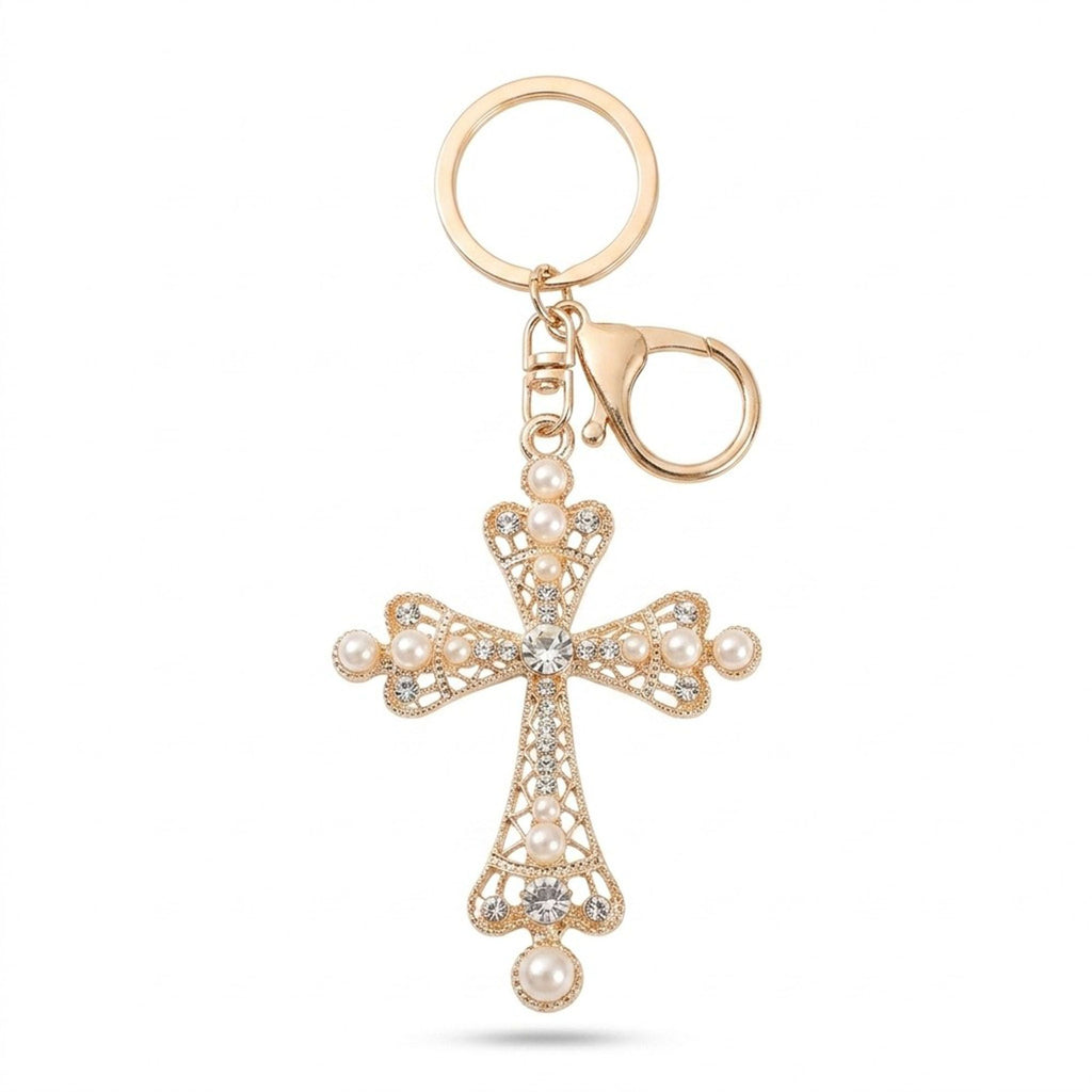 2pc Cross Pearl Rhinestone Keychain Bag Charm with Lobster Clasp and Key Ring