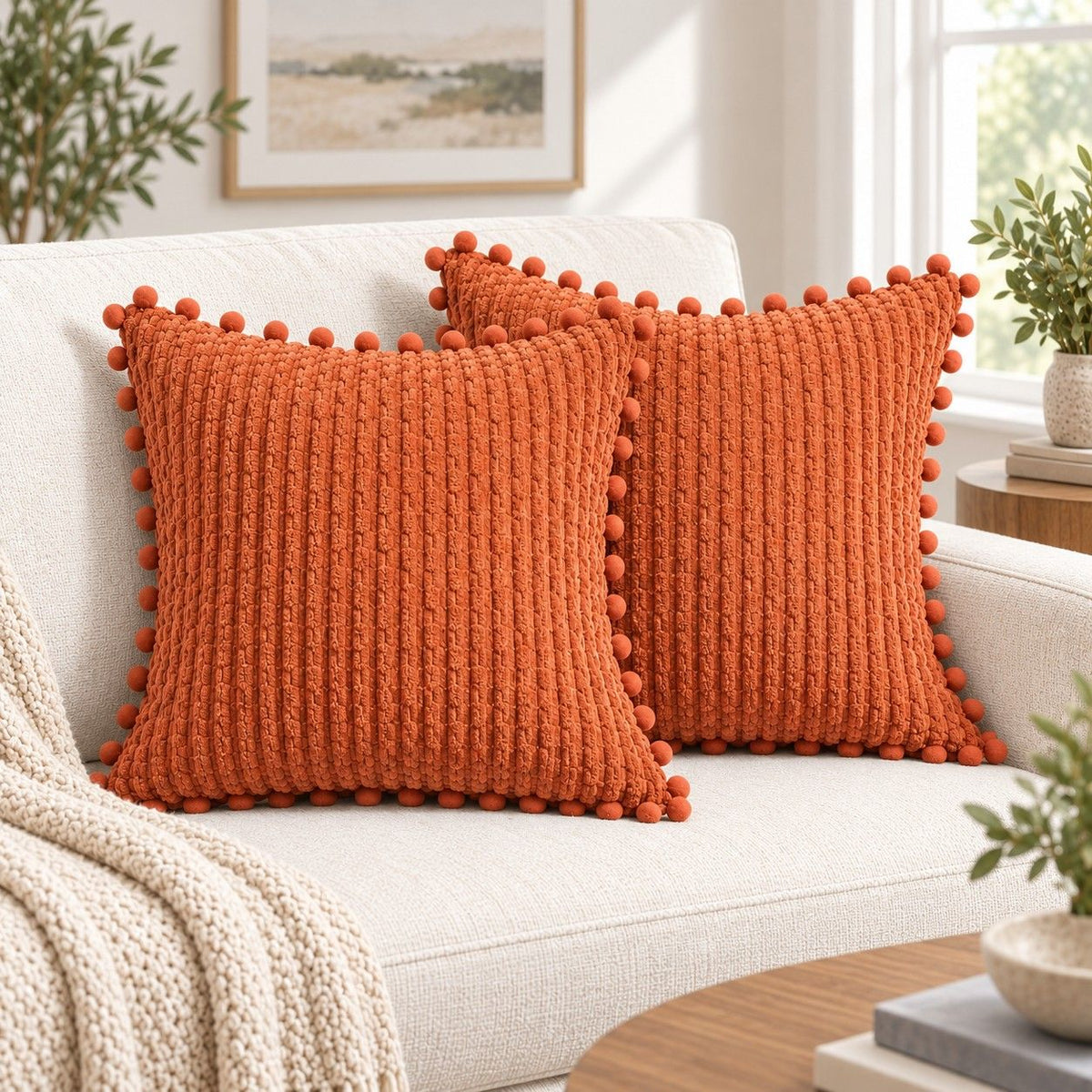 2 Pack Double Sided Corduroy Throw Pillow Covers 18 x 18 Inch with Pom Pom Trim