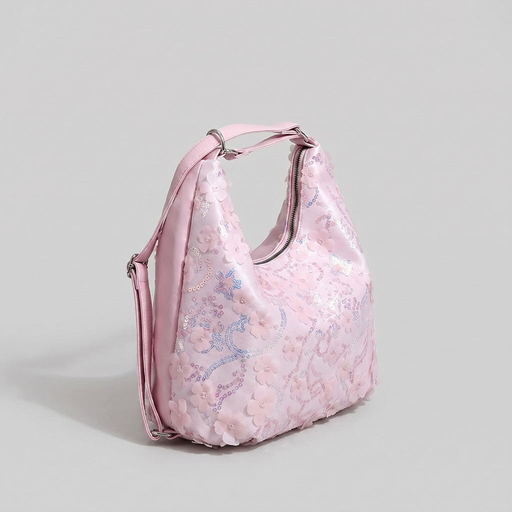 Floral Sequin Hobo Shoulder Bag with 3D Applique Details and Adjustable Strap