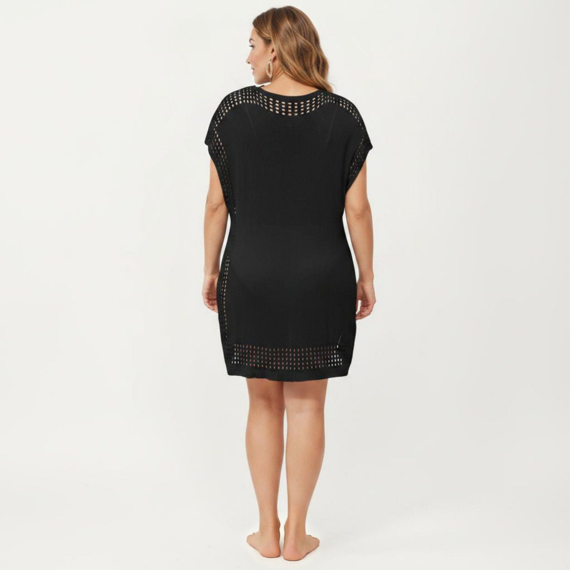 Anna-Kaci Women's Knit Swim Cover Up Dress with Tassel Tie Neck Open Knit Trim and Relaxed Short Sleeves