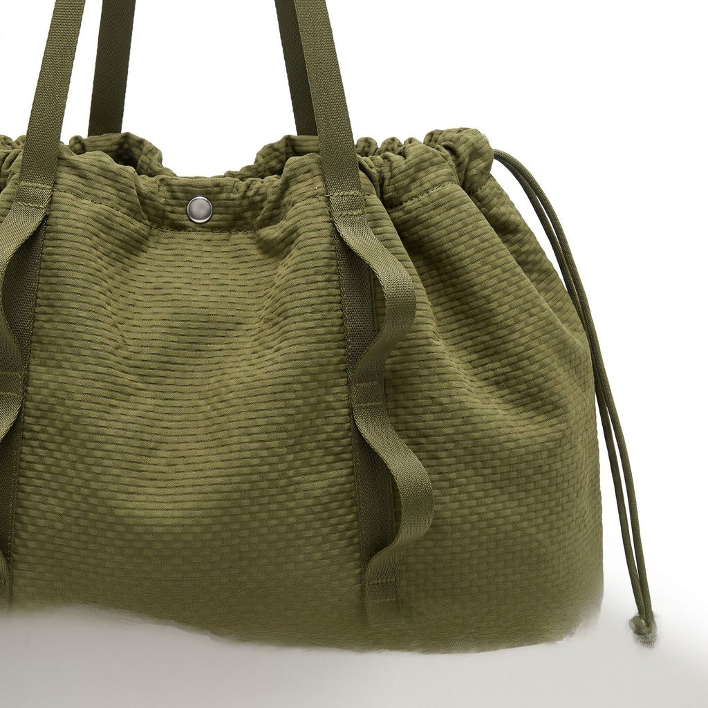 Textured Drawstring Tote Bag with Long Shoulder Straps and Ruffled Trim 13x15.5x5.5in