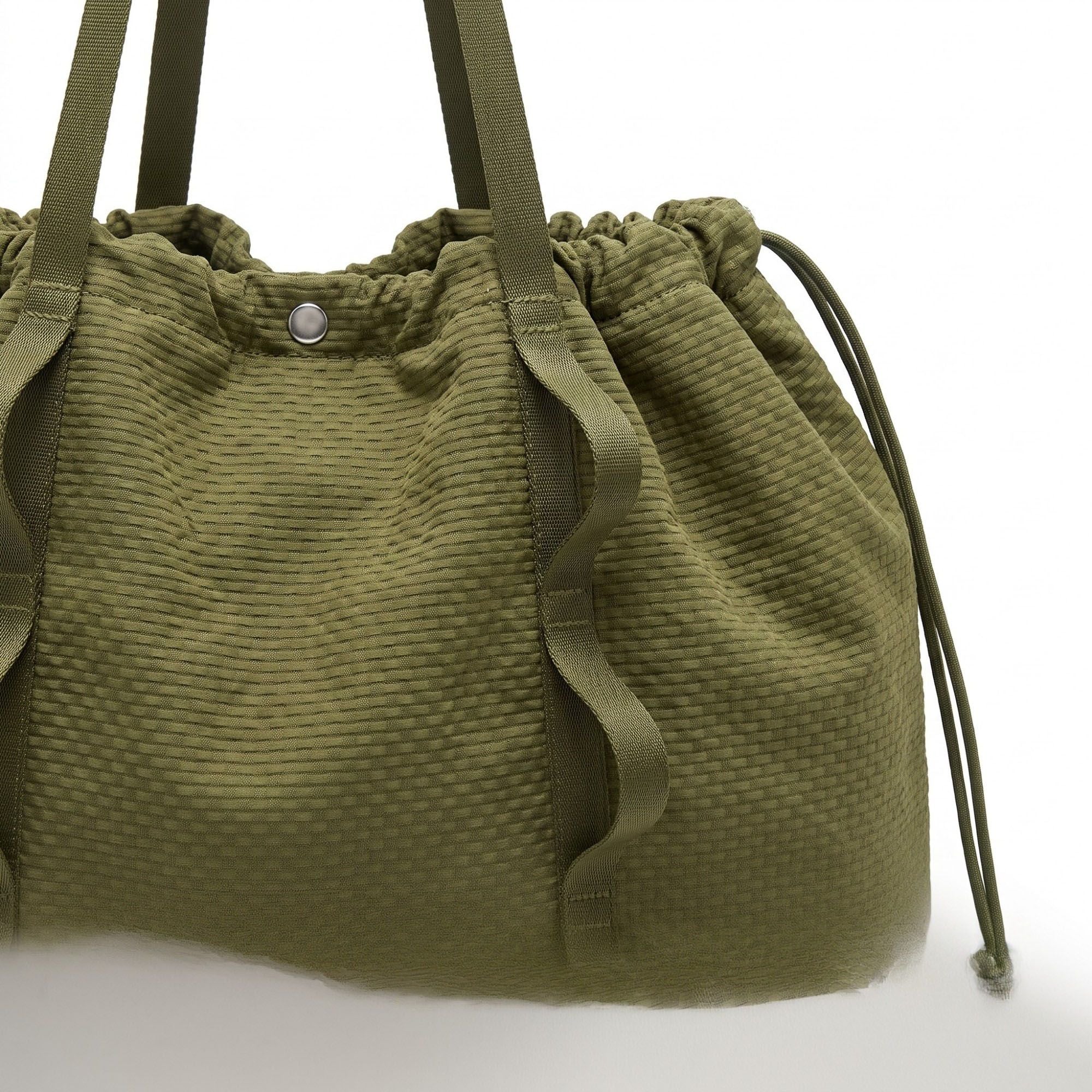 Textured Drawstring Tote Bag with Long Shoulder Straps and Ruffled Trim 13x15.5x5.5in