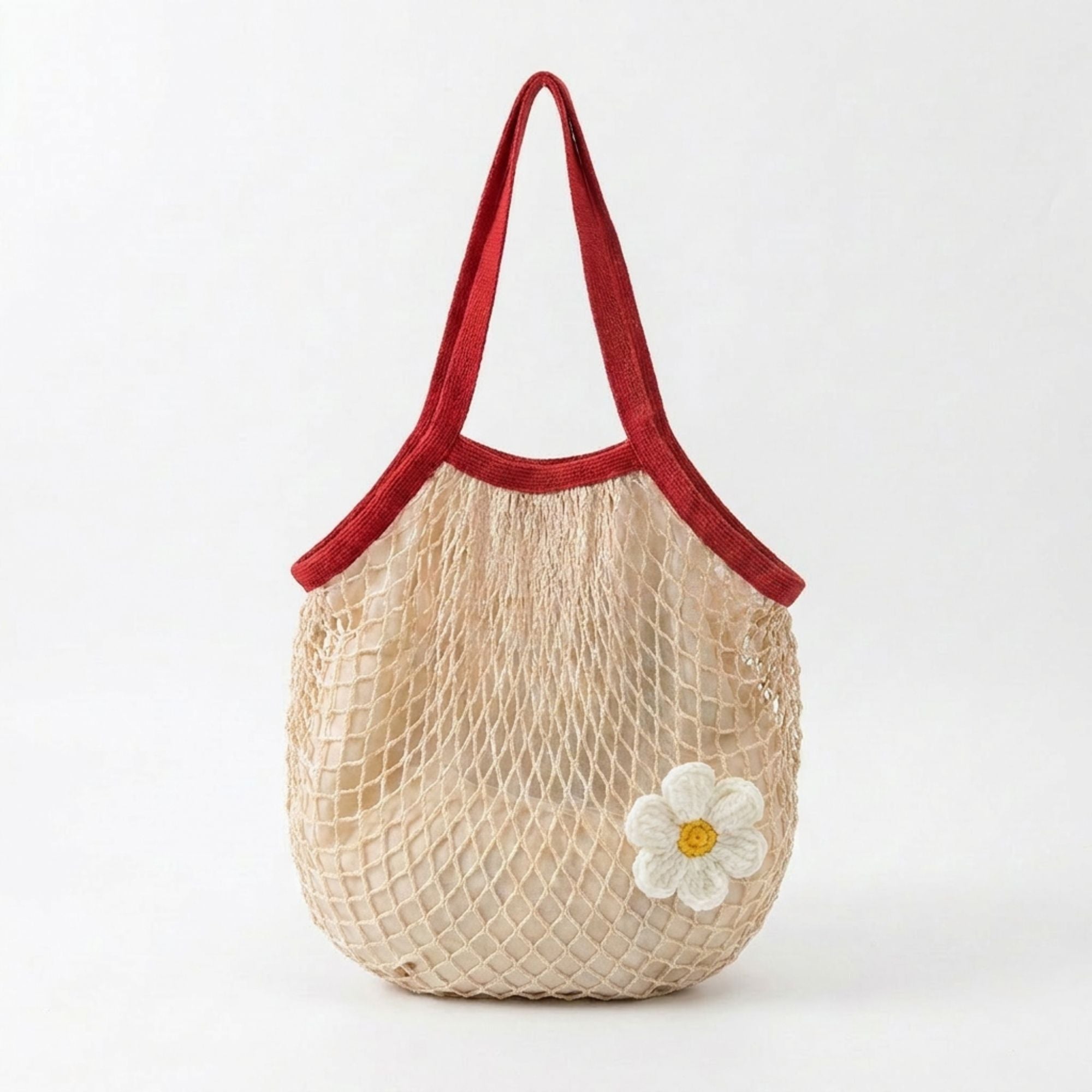 Crochet Style Net Tote Bag with Daisy Accent and Shoulder Straps