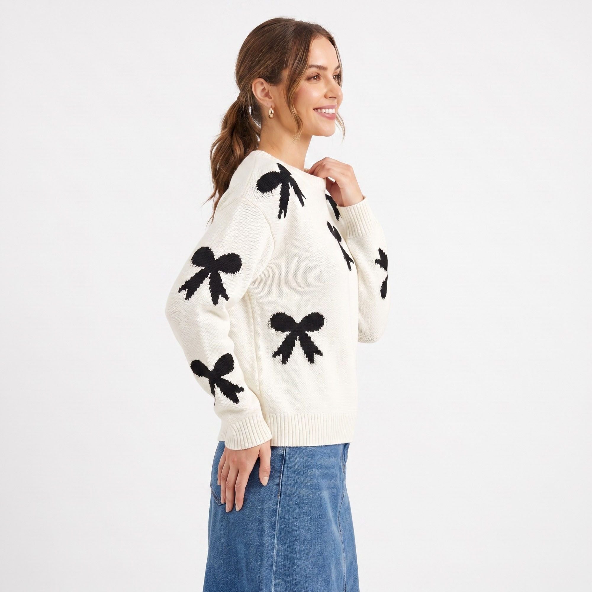 Bow Print Crewneck Long Sleeve Knit Sweater