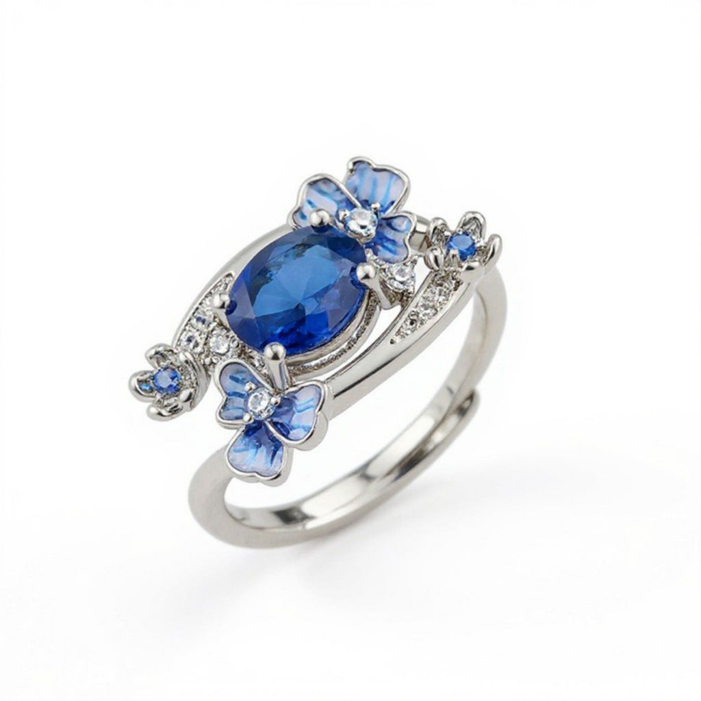 Women's Oval Gemstone Ring with Crystal Butterfly Accents and Floral Design