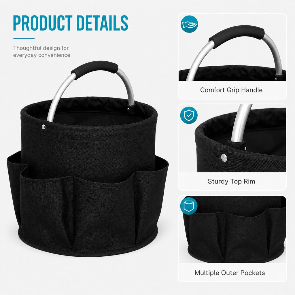 Collapsible Utility Basket with Aluminum Handle and Exterior Pockets