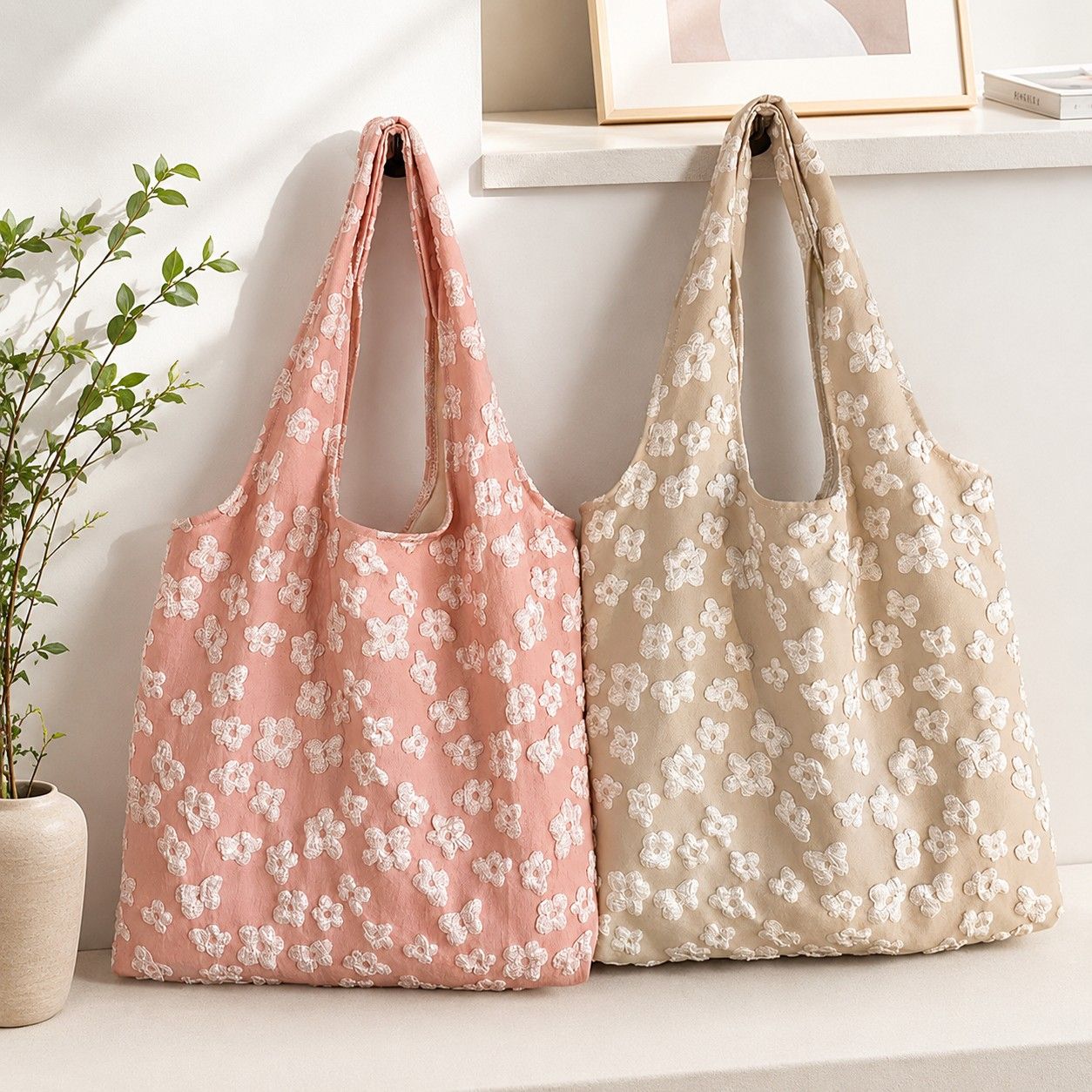 Floral Embroidered Shoulder Tote Bag Lightweight Foldable Everyday Bag for Women