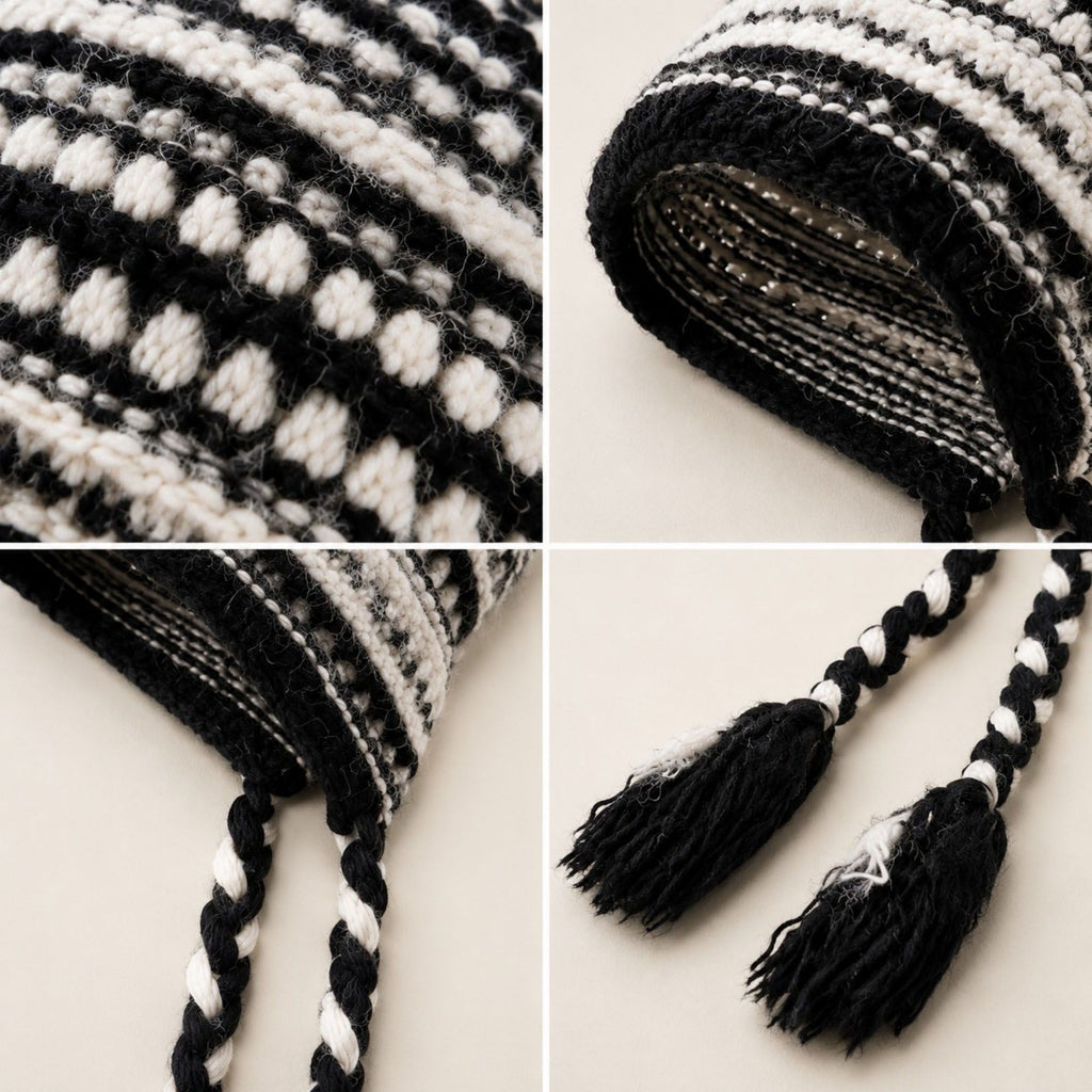 Patterned Knit Beanie with Braided Tassels