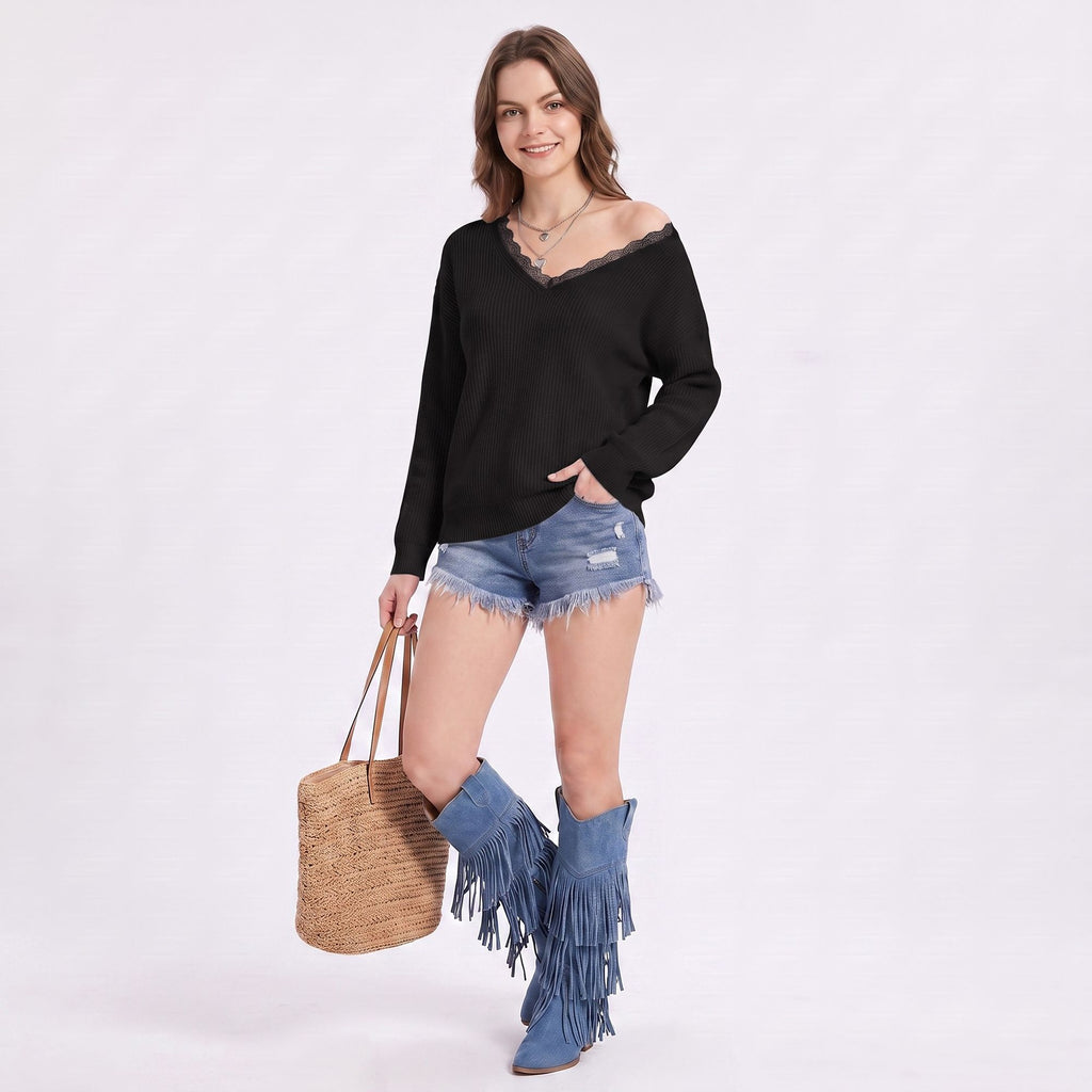 Lace Trim V Neck Long Sleeve Knit Pullover Sweater