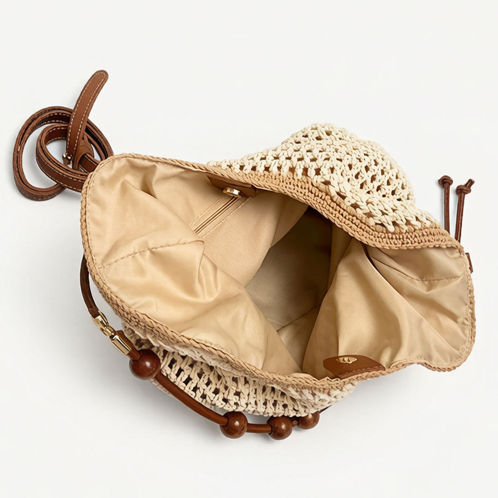 Crochet Shoulder Bag with Wooden Bead Strap Knit Hobo Handbag Lined Casual Everyday Tote