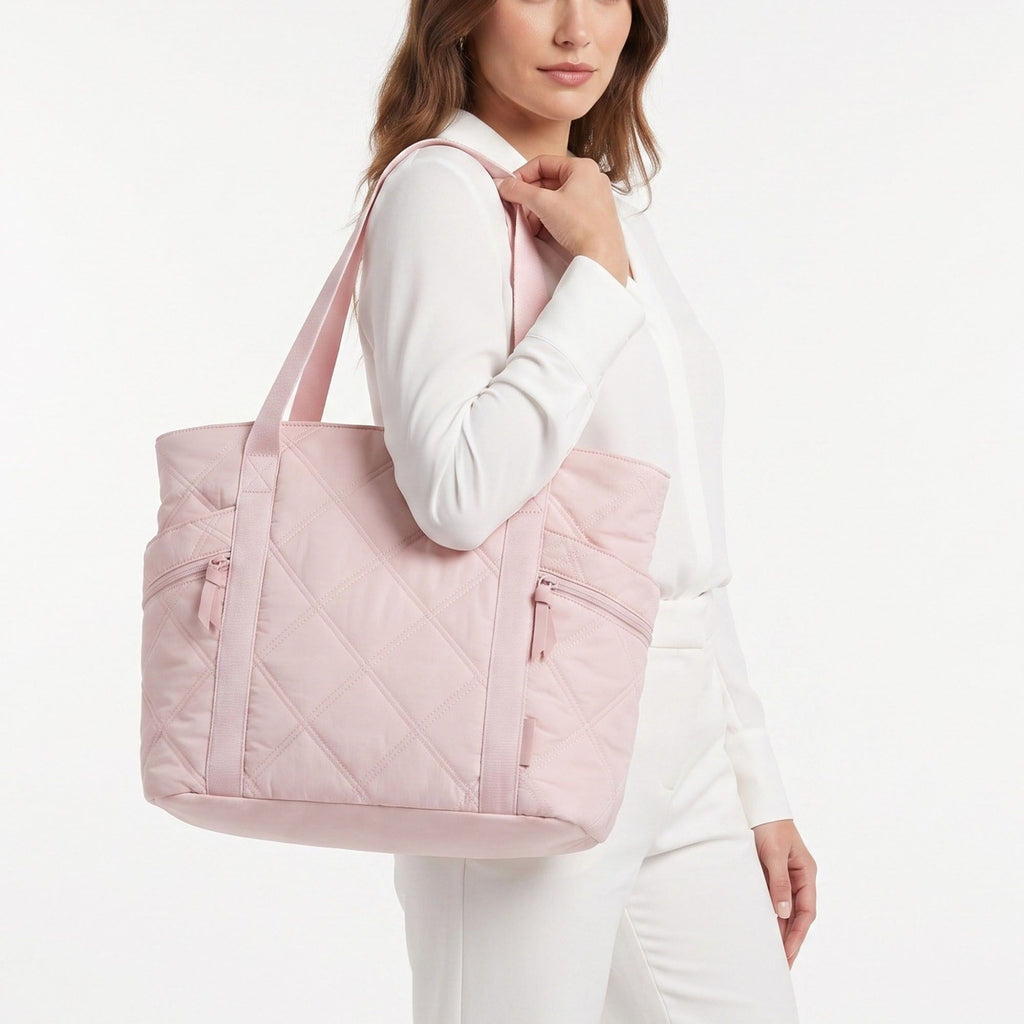 Oversized Quilted Tote Bag with Exterior Zip Pockets and Long Shoulder Straps 15.5x12.5x6.5in