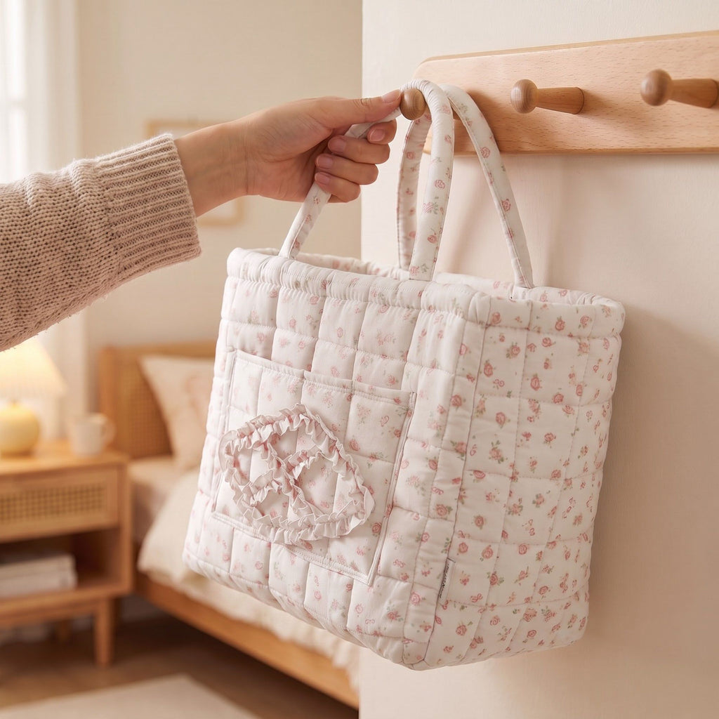 Floral Quilted Fabric Storage Tote with Handles and Pocket