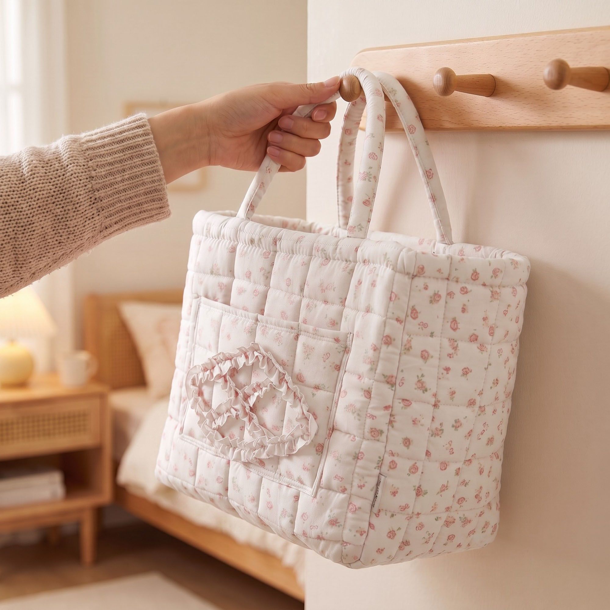 Floral Quilted Fabric Storage Tote with Handles and Pocket