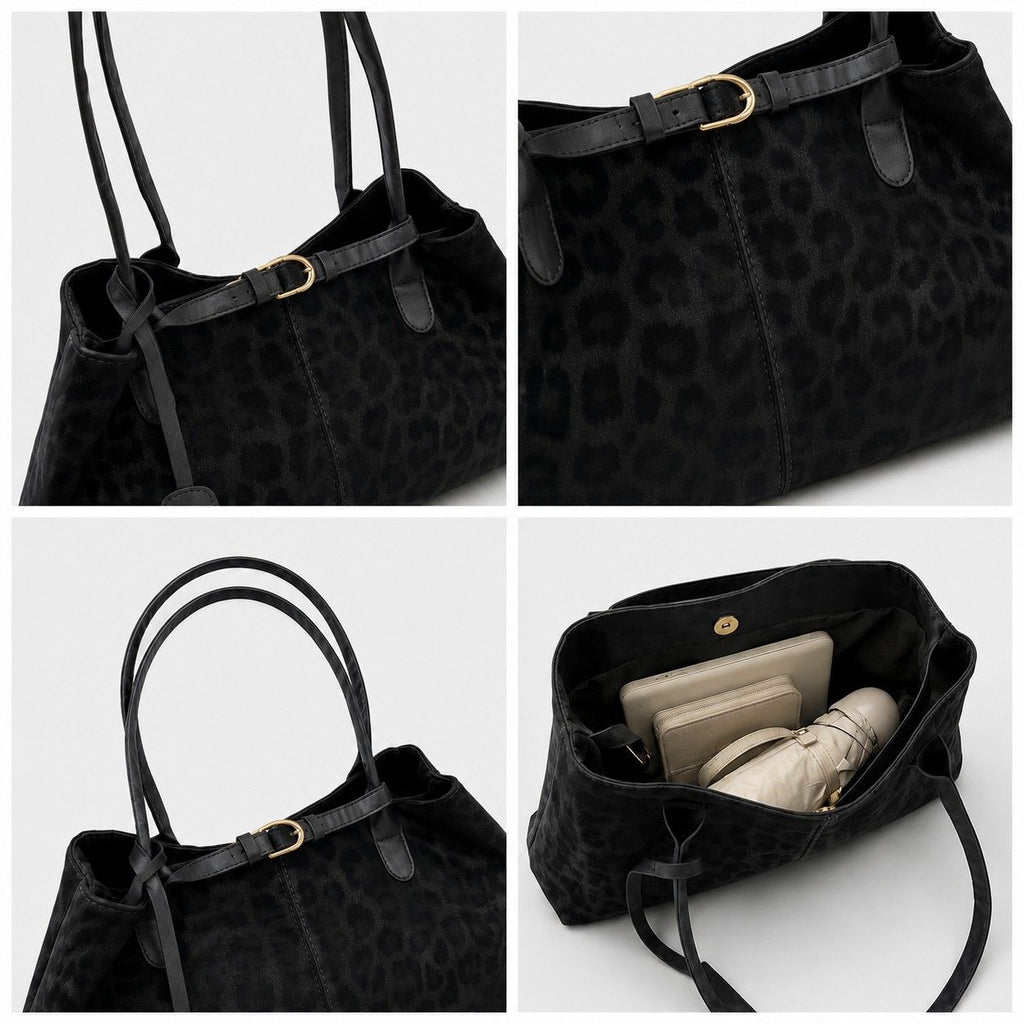 Leopard Print Shoulder Tote Bag with Magnetic Closure Buckle Detail and Tassel
