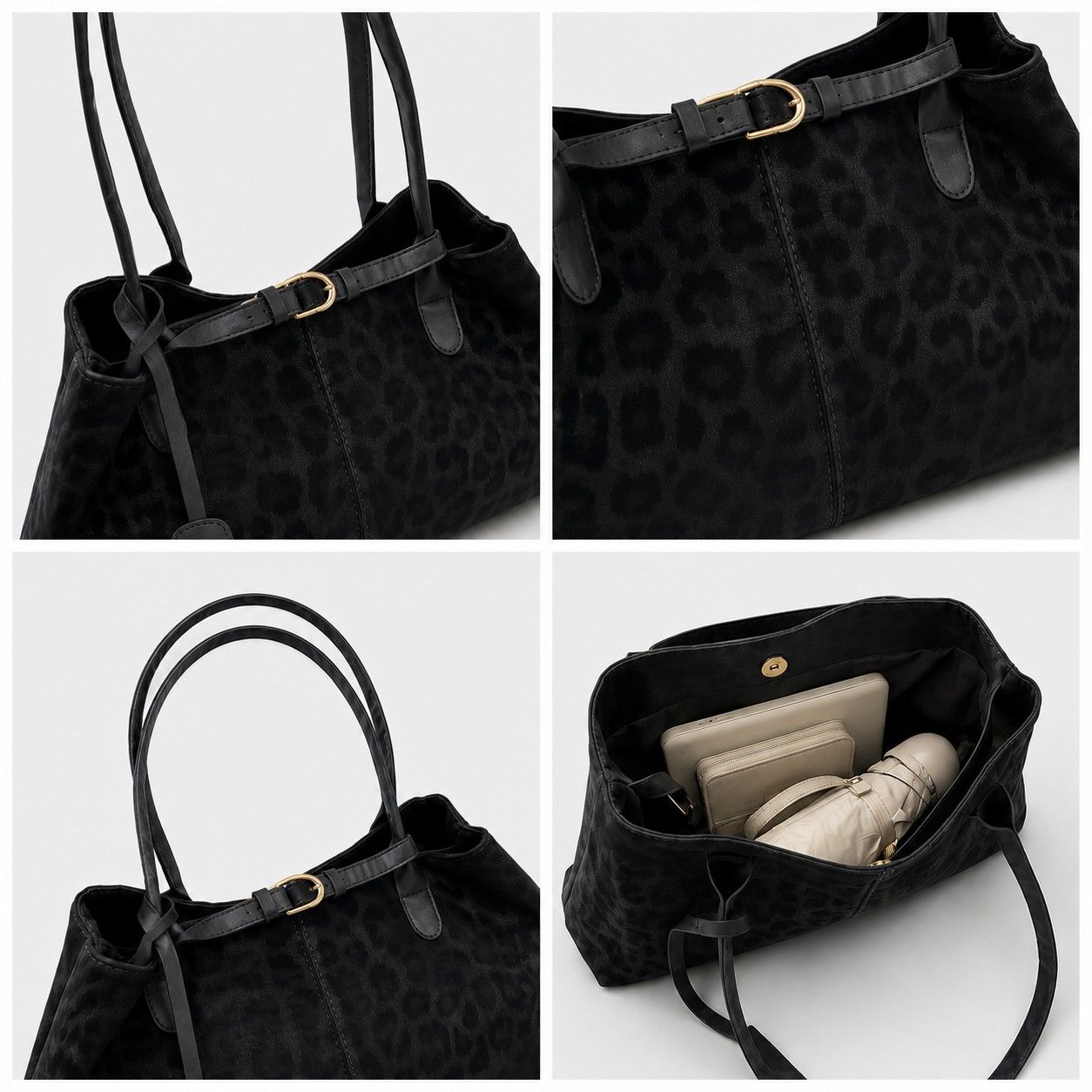 Leopard Print Shoulder Tote Bag with Magnetic Closure Buckle Detail and Tassel