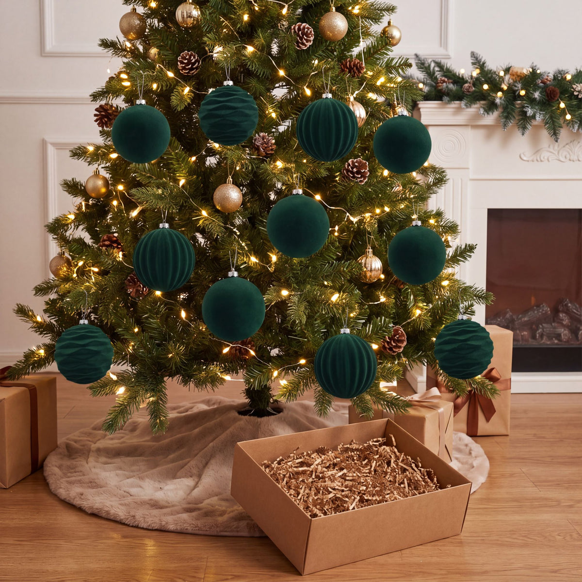 12ct Flocked Christmas Ball Ornament Set 3.15 Inch Holiday Tree Decorations