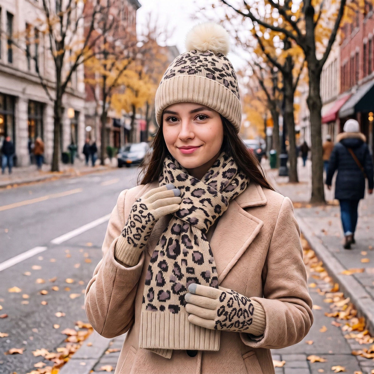 3 Piece Leopard Print Pom Beanie Scarf and Touchscreen Gloves Set