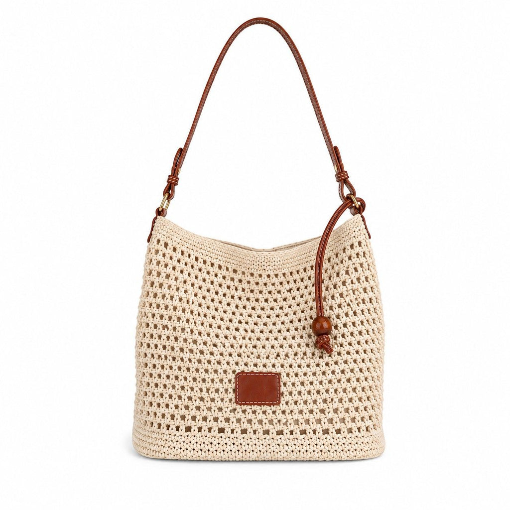 Crochet Woven Shoulder Bag Lightweight Crossbody Handbag with Contrast Trim
