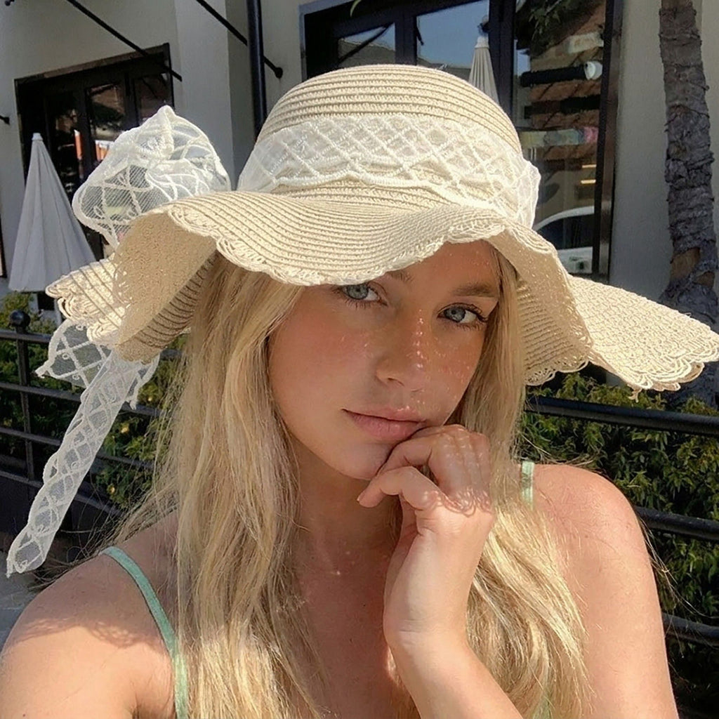 Wide Brim Straw Sun Hat with Sheer Bow Accent and Scalloped Edge