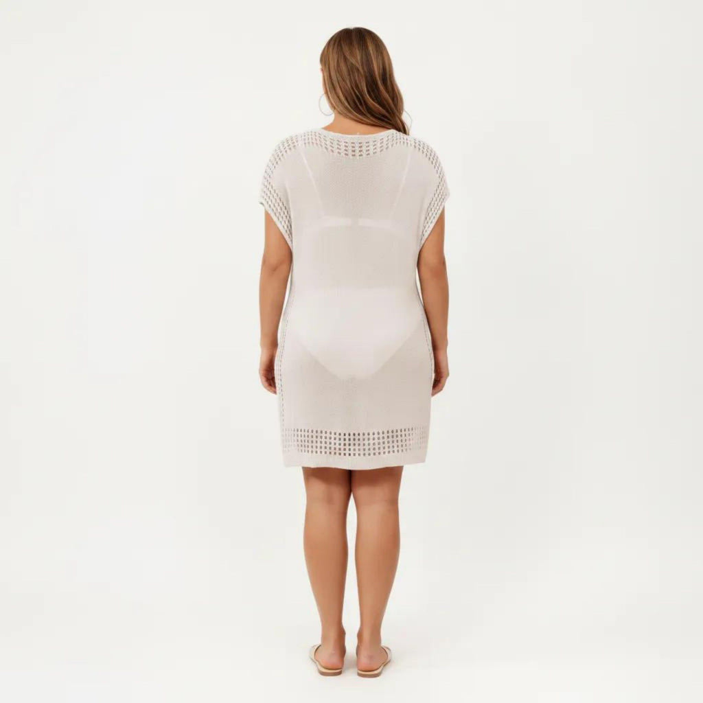 Anna-Kaci Women's Knit Swim Cover Up Dress with Tassel Tie Neck Open Knit Trim and Relaxed Short Sleeves