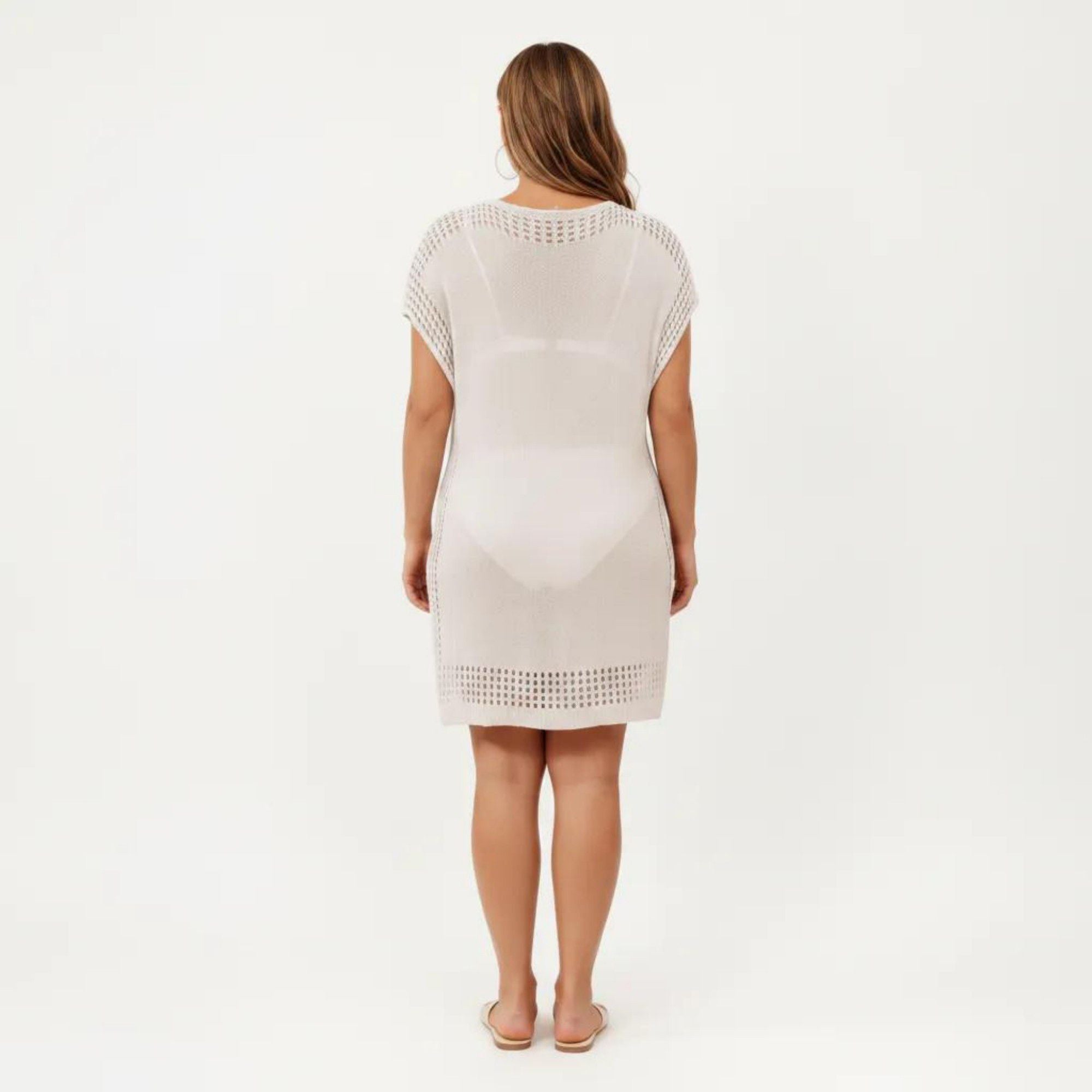 Anna-Kaci Women's Knit Swim Cover Up Dress with Tassel Tie Neck Open Knit Trim and Relaxed Short Sleeves