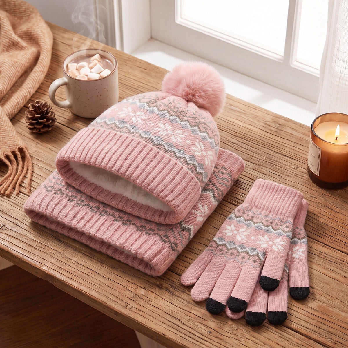 3 Piece Fair Isle Pom Beanie Neck Warmer and Gloves Set