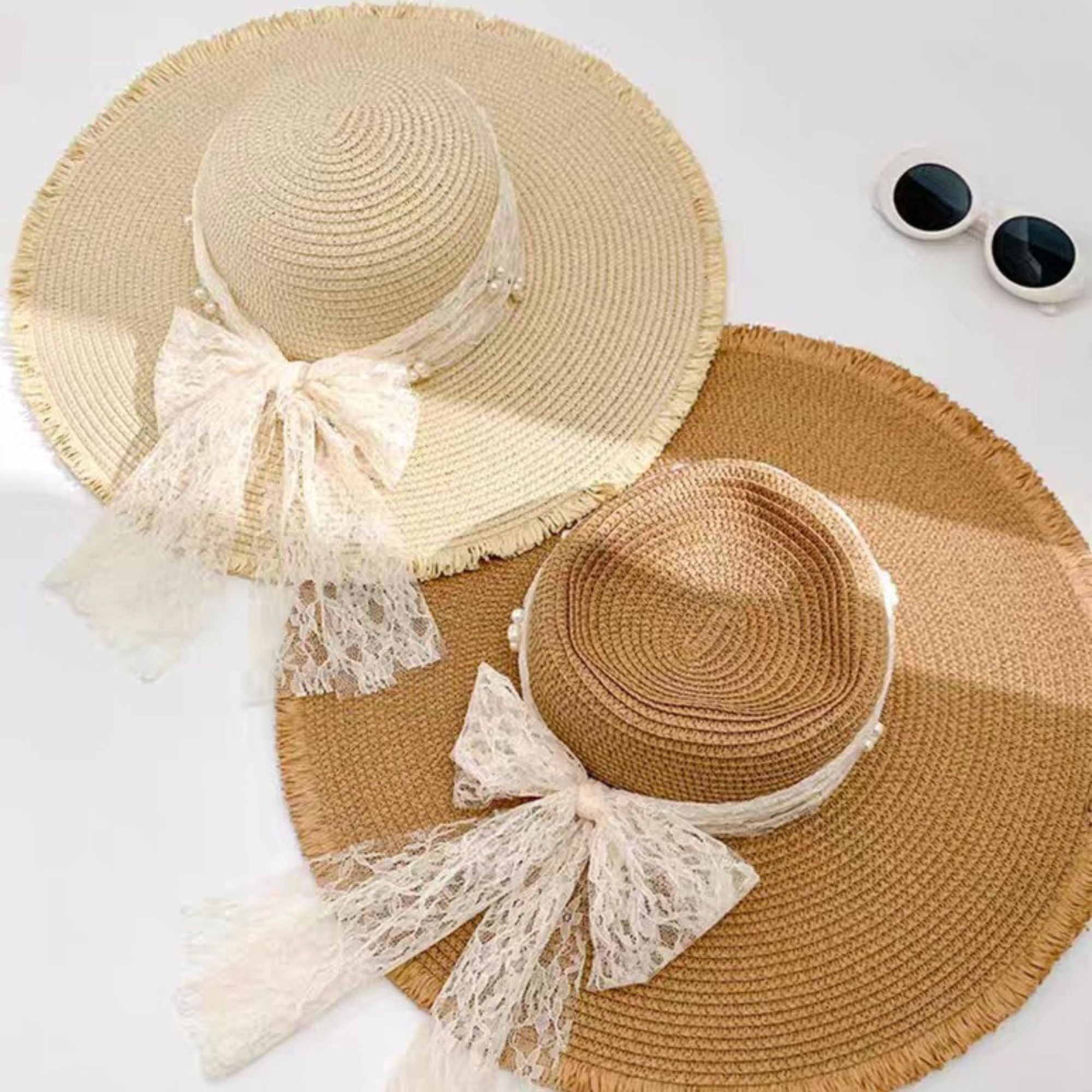 Wide Brim Sun Hat with Lace Band and Frayed Edge