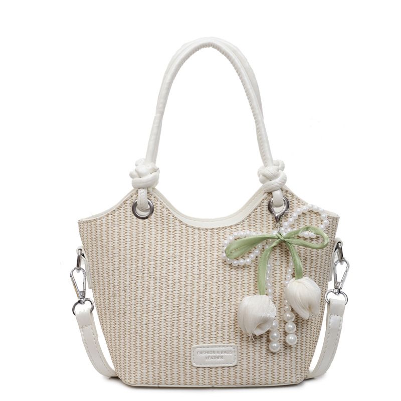 Brown women's tote bag with floral, woven and mini