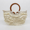 Shell Disc Embellished Top Handle Bag with Beaded Details Round Handle Structured Handbag 11.5x7.5x1 in
