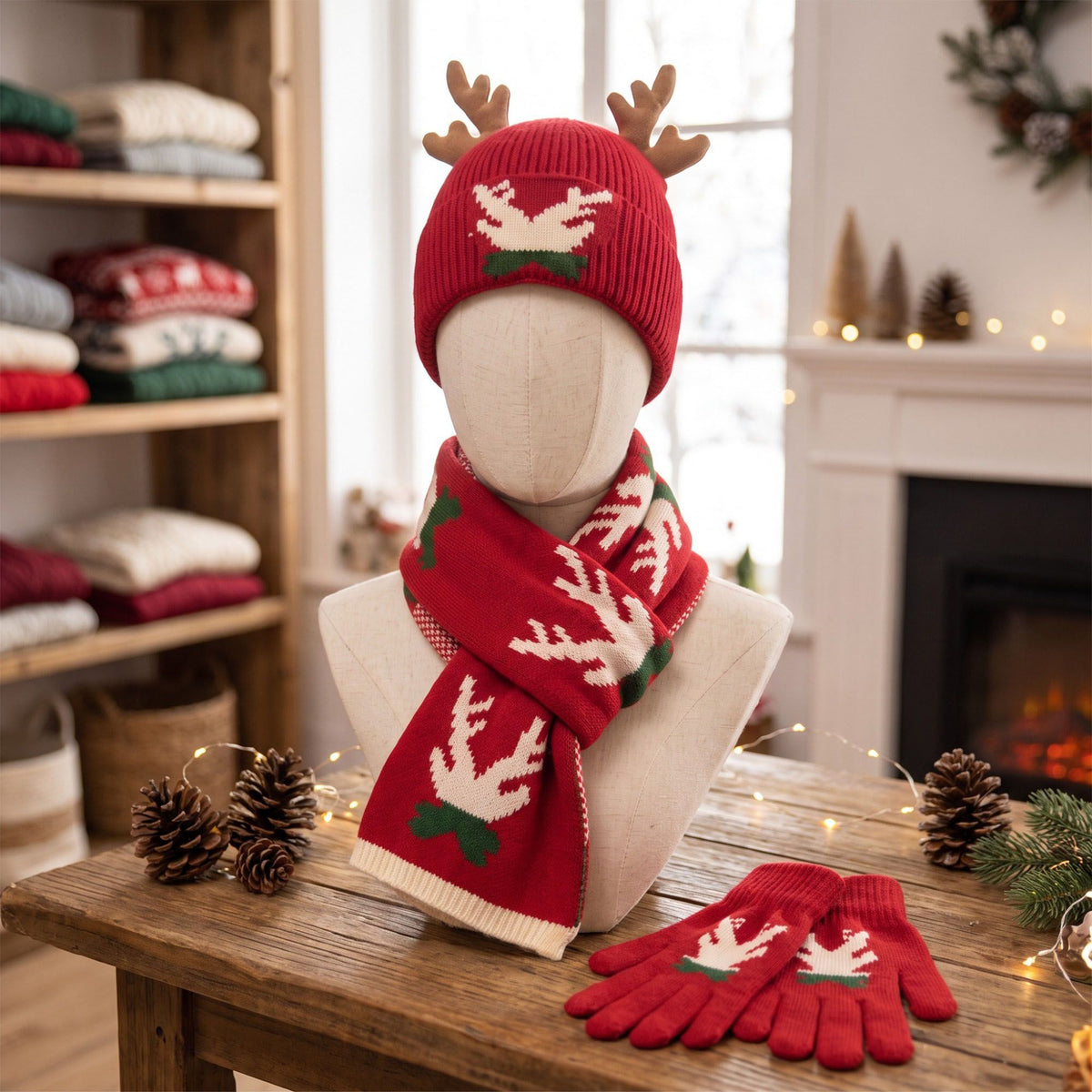 3 Piece Christmas Reindeer Antler Beanie Scarf and Gloves Set