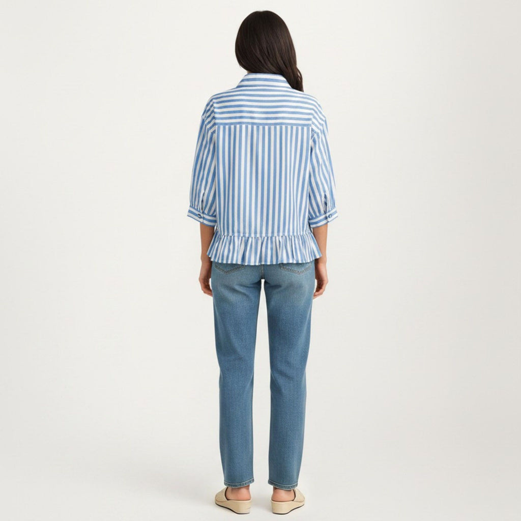 Anna-Kaci Women's Striped Button Down Blouse with Collar Three Quarter Sleeve Peplum Hem Pocket Detail Casual Shirt