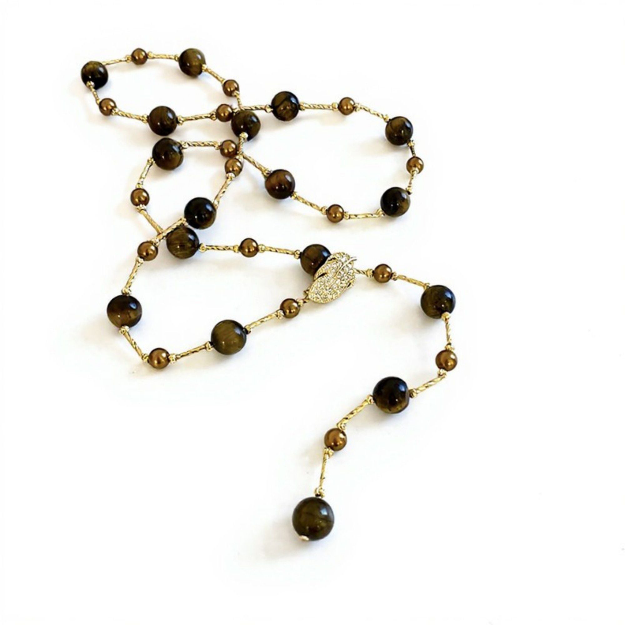 Women's Beaded Necklace with Polished Round Beads and Crystal Leaf Accent