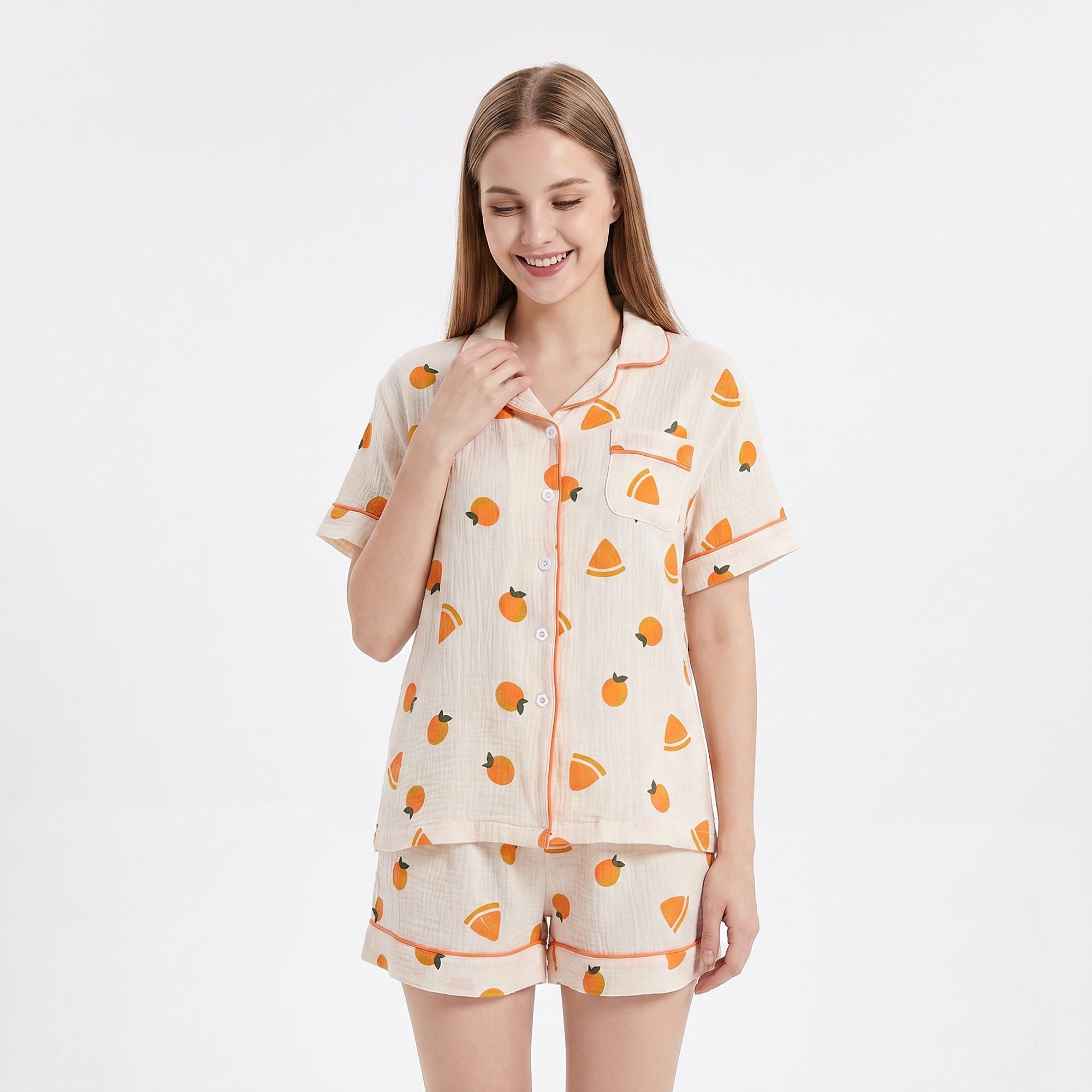2-Piece Set Fruit Print Button Front Pajama Top and Relaxed Pants Sleepwear