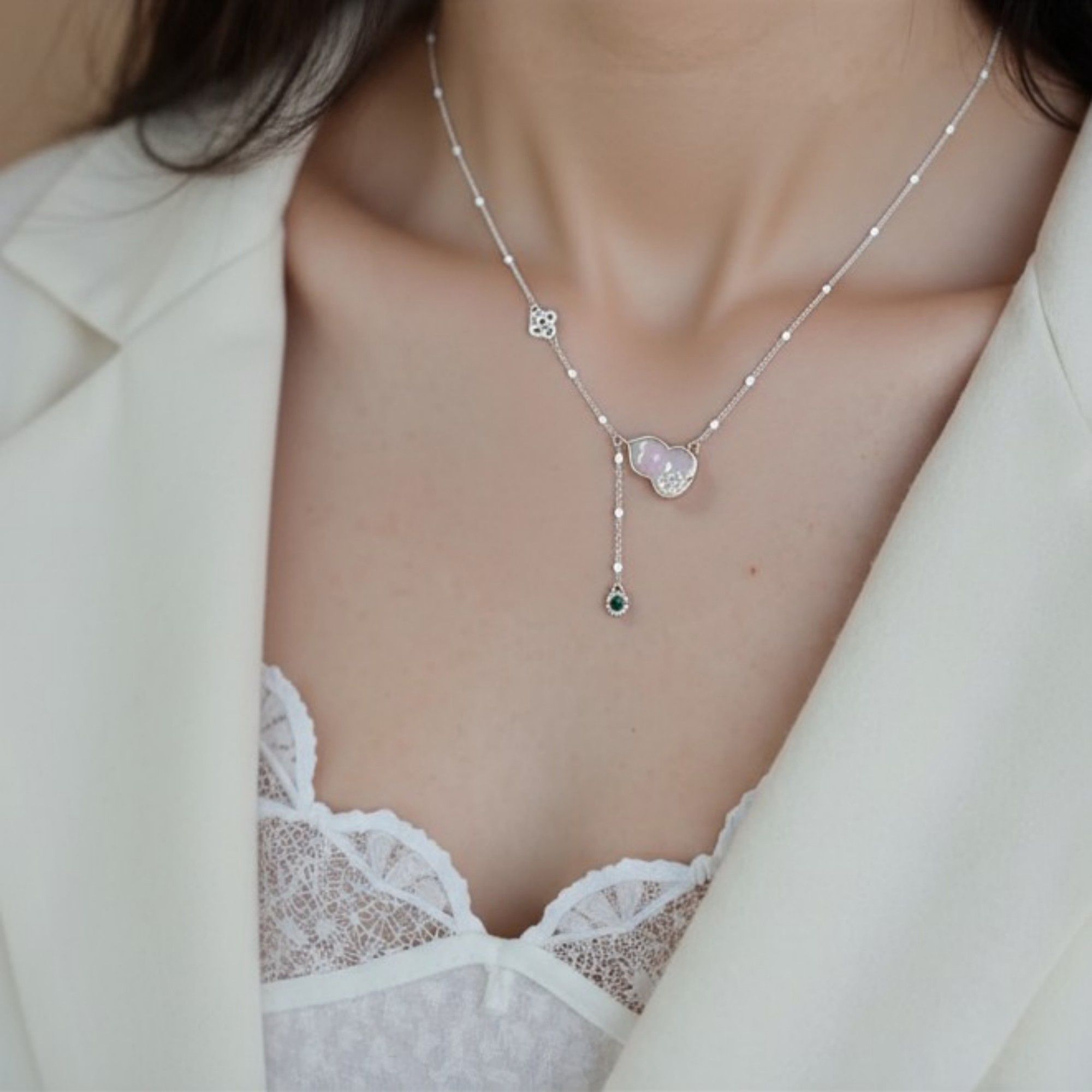 Women's Gourd Pendant Necklace with Drop Gem Accent and Delicate Chain Design