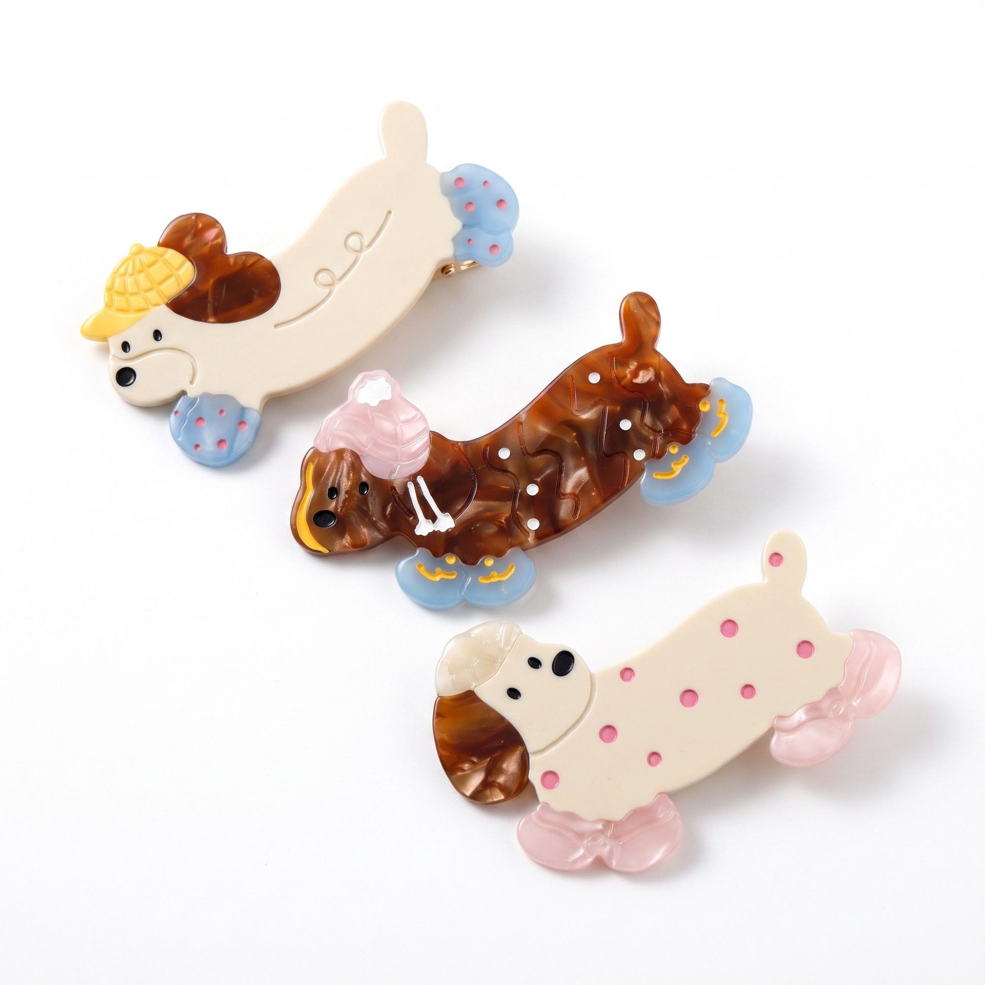 3pc Dachshund Dog Hair Clip Set Colorful Acetate Barrettes