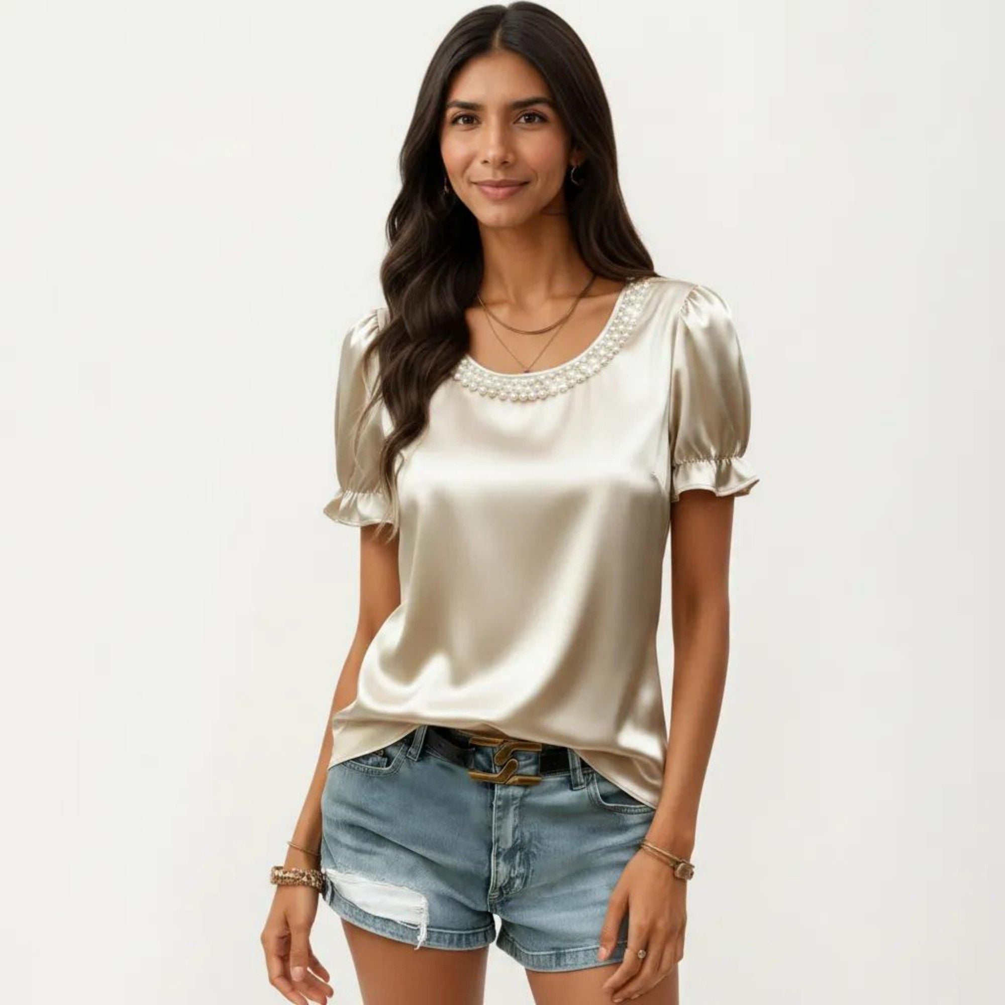 Anna-Kaci Women's Satin Faux Pearl Neck Top with Puff Sleeves and Smooth Draped Finish