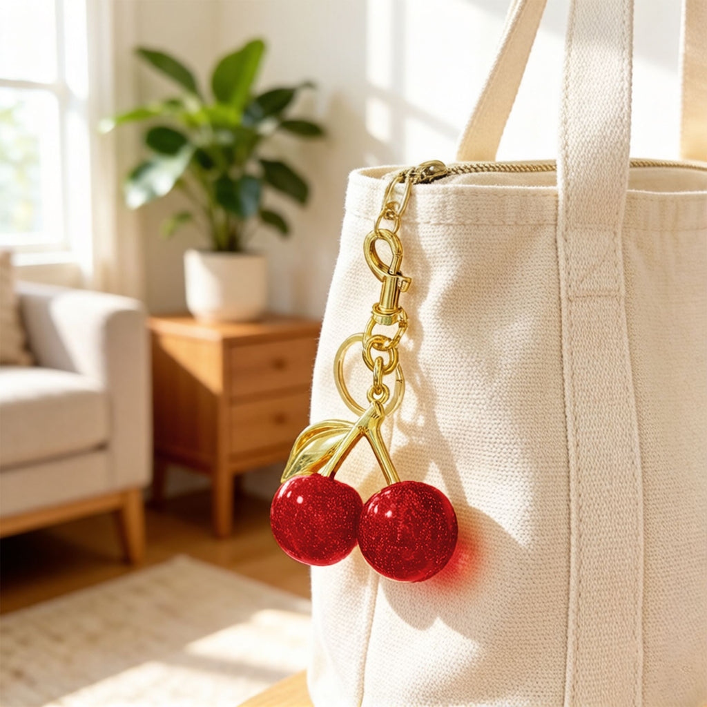 Cherry Charm Keychain with Glitter Fruit Pendant Gold Tone Clip and Key Ring Bag Accessory