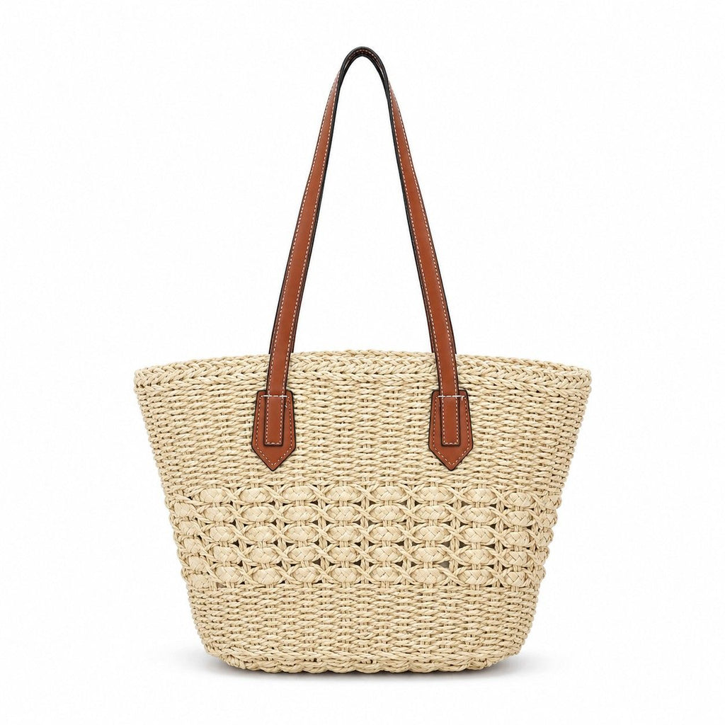 Woven Straw Tote Bag with Zip Closure Small Interior Pocket and Leather Handles