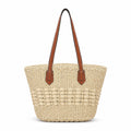 Woven Straw Tote Bag with Zip Closure Small Interior Pocket and Leather Handles