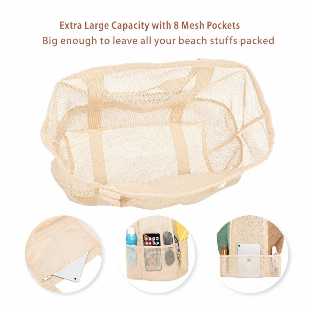 Mesh Beach Tote Bag Large Capacity Travel Shoulder Bag with Exterior Pockets Zipper Top Organizer