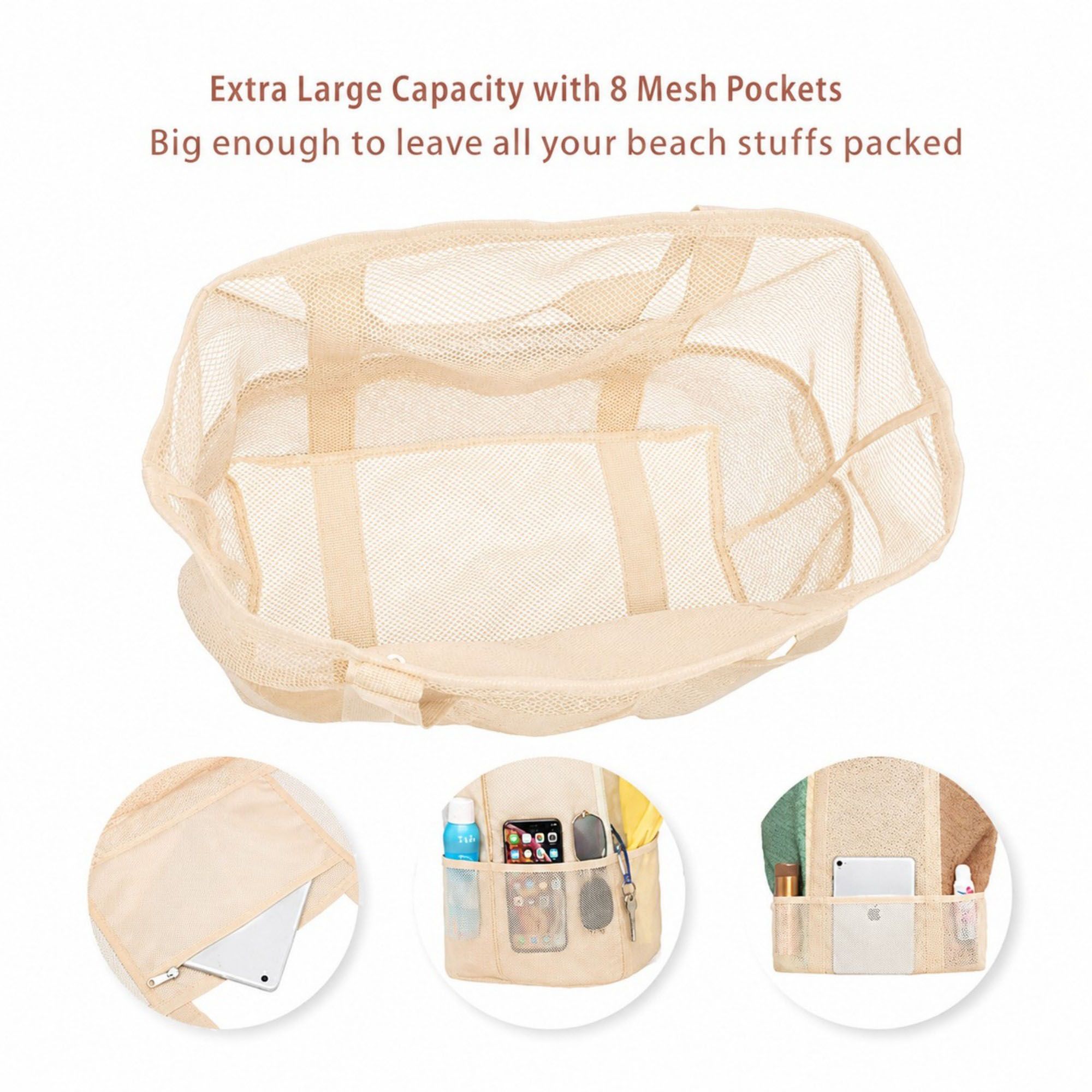 Mesh Beach Tote Bag Large Capacity Travel Shoulder Bag with Exterior Pockets Zipper Top Organizer
